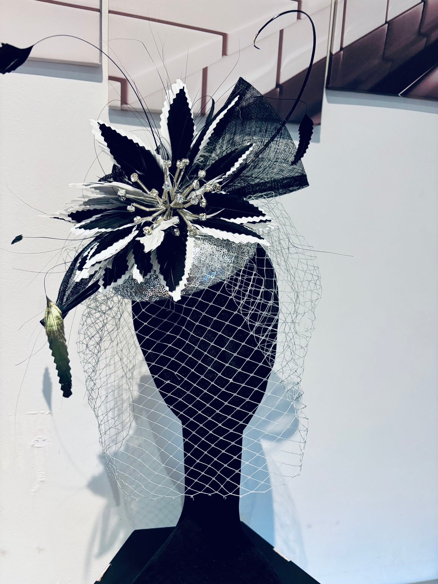 Black, Silver and White Pill Box Fascinator with White Veiling